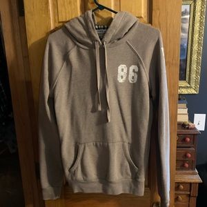 Vintage VS PINK oatmeal colored hoodie. Black & white plaid hood detail. Size M.